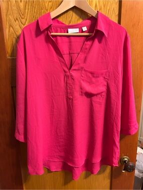 New York & Company Hot Pink Split V-Neck Blouse